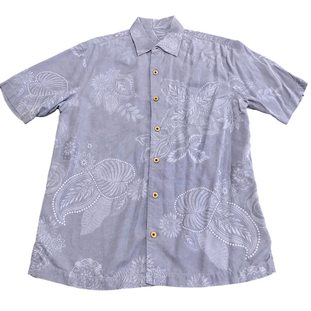 Tommy Bahama Mens Blue 100% Silk Camp Jacquard Btn Down Shirt M